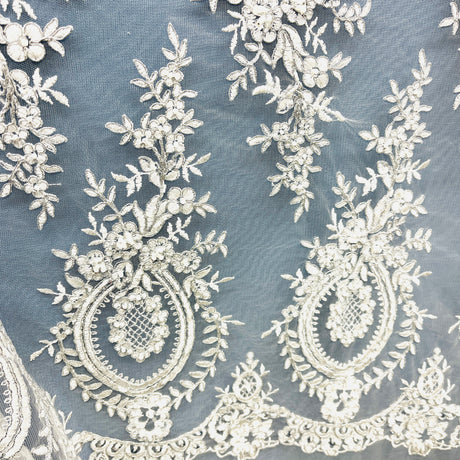 Beaded Corded Lace Mesh White