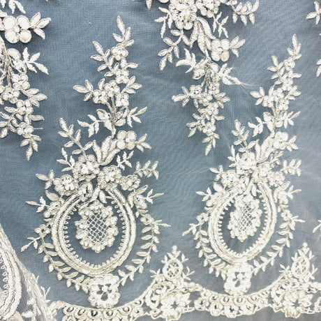 Beaded Corded Lace Fabric on Polyester Net Mesh