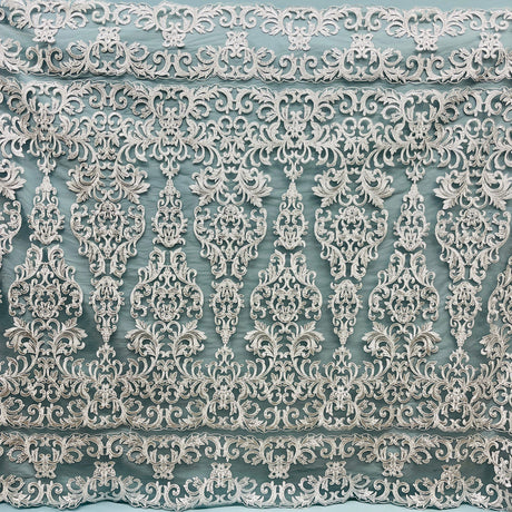 1 Yard Ivory Beaded and Corded Lace Fabric Embroidered on Polyester Net Mesh 51 Inch Width