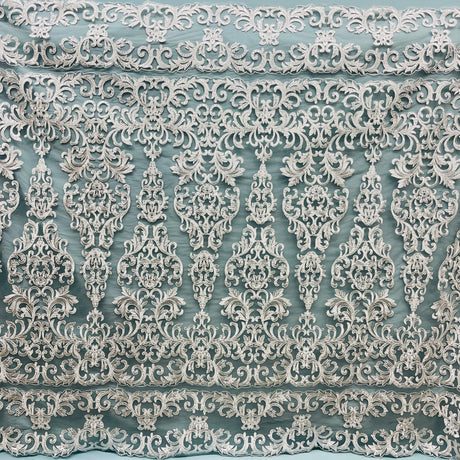 Beaded Corded Lace Fabric - Embroidered White, Ivory, 51" Wide (1 Yard)