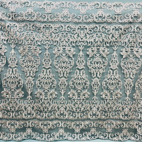 Beaded Corded Lace Fabric White