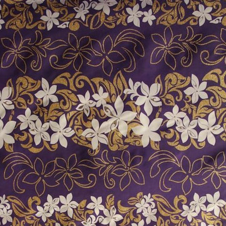 Tiare Garden Glitter Polyester Fabric - Various Color Background, White And Glitter Gold Floral Plumeria Design, 60" Width (1 Yard)