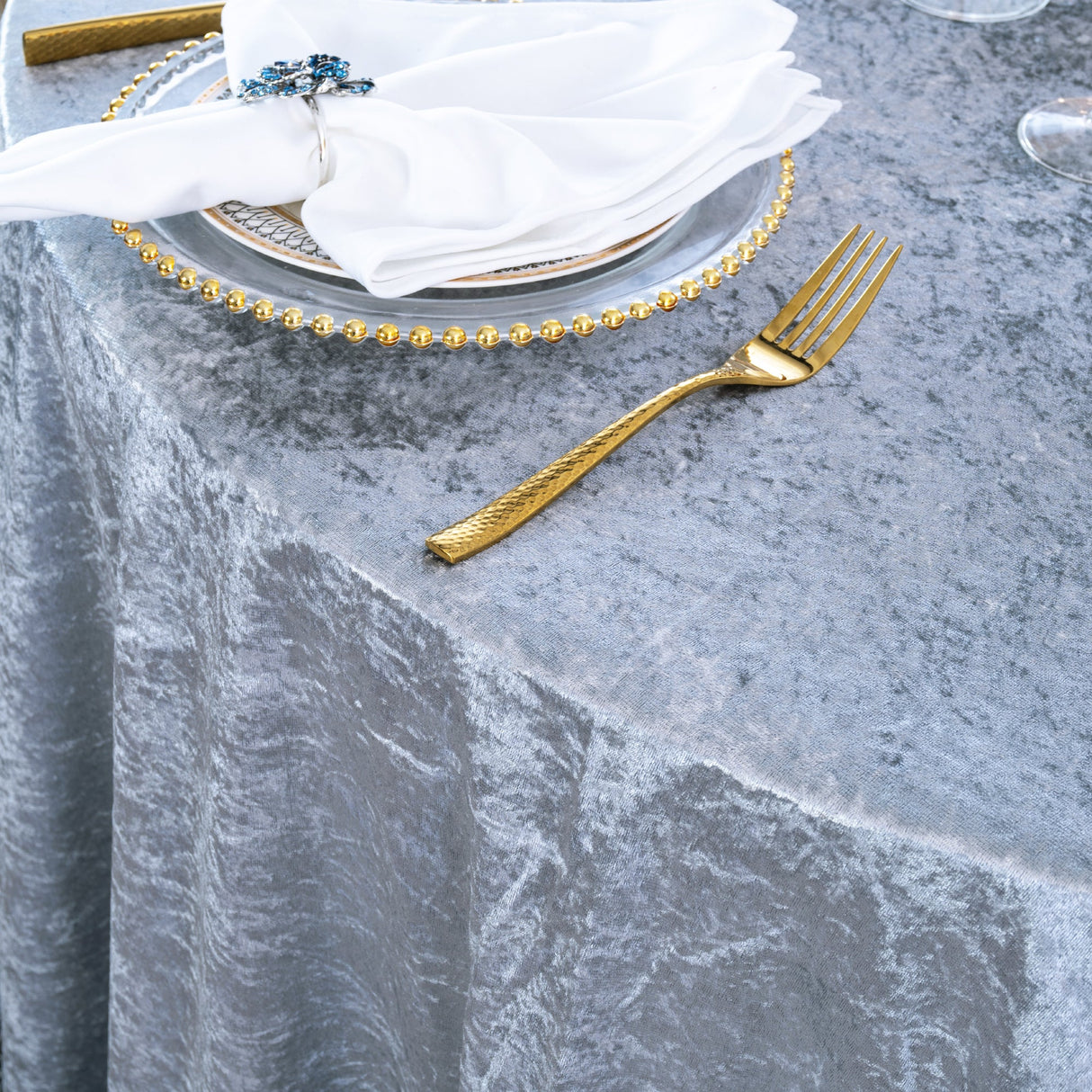 Round Crushed Velvet Tablecloth 132" Dusty Blue