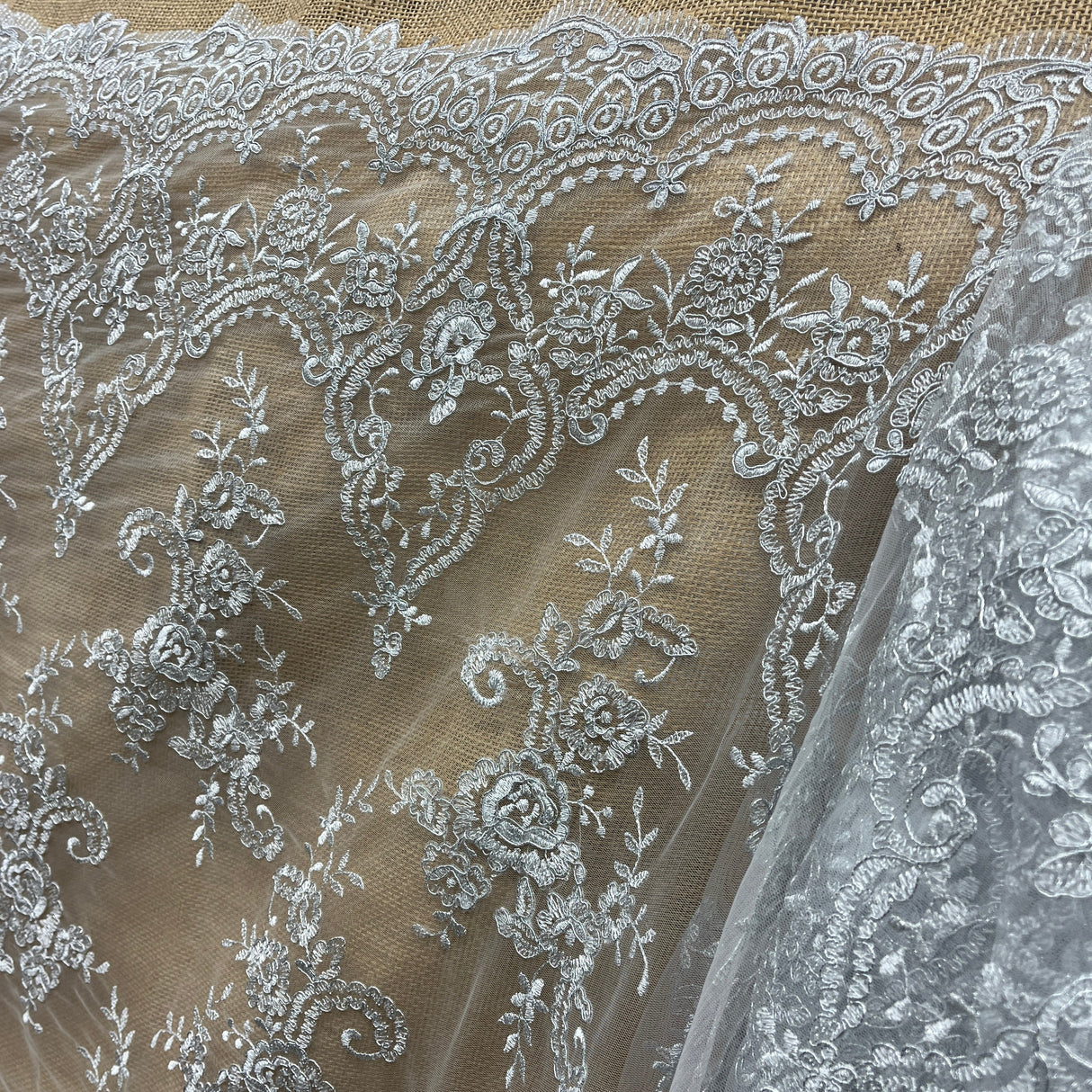 Embroidered Bridal Lace Ivory Silver