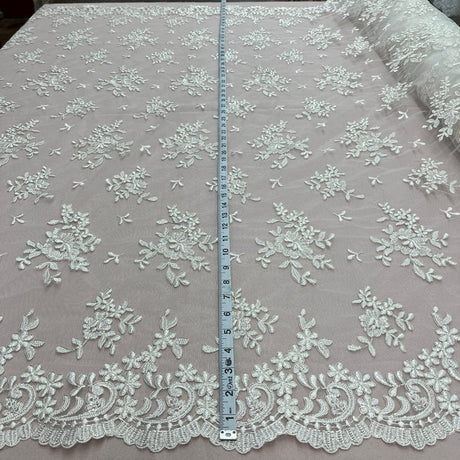 1 Yard Elegant Corded Embroidered Bridal Lace Fabric for Special Occasion White