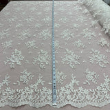 1 Yard Handcrafted Corded Embroidered Bridal Lace Fabric for Elegant Gowns White