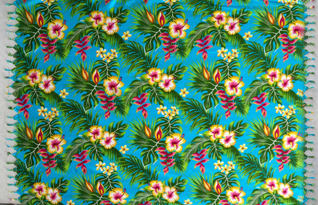 Hibiscus Plumeria Tropical Leaves Rayon Fabric - Tropical Floral Print, 72" L x 45" W (1 Piece)