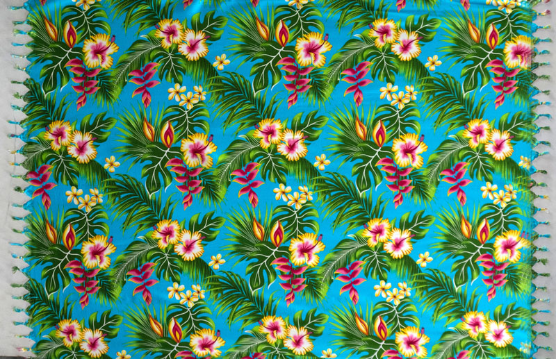 Hibiscus Plumeria & Tropical Leaves Rayon Fabric - Red, Teal, Turquoise, Royal, Black, Fringes, 72" L x 45" W (1 Piece)