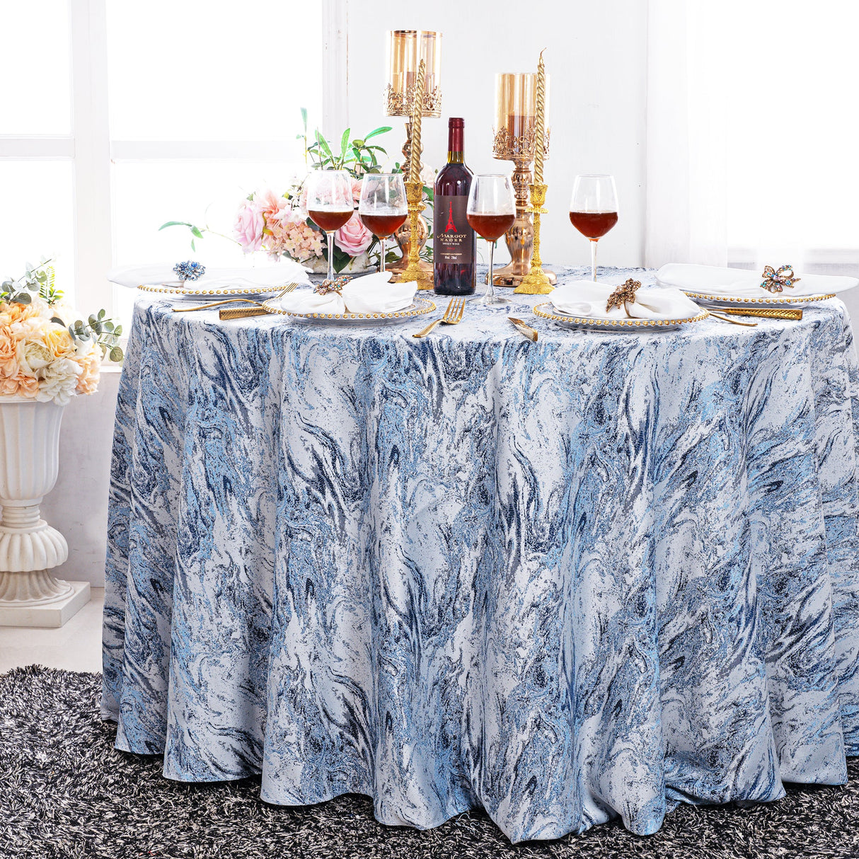 Round Polyester Tablecloth 132" Mirage Jacquard Dusty Blue