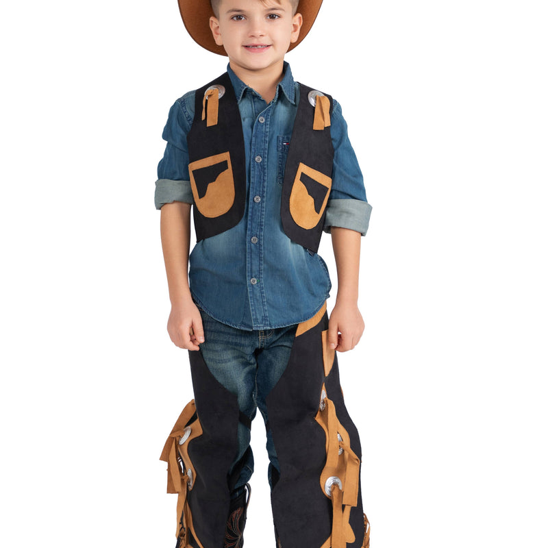 Kids black cowboy costume with vest and fringed chaps