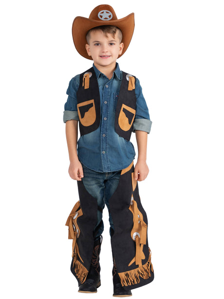 Kids black cowboy costume with vest and fringed chaps