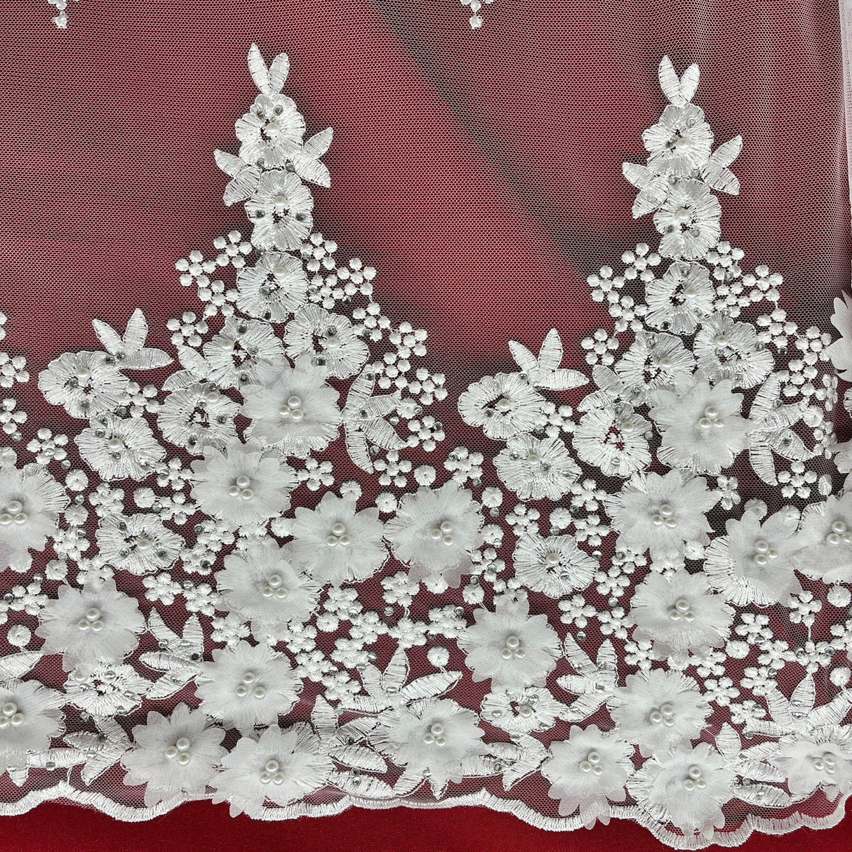Beaded 3D Floral Lace Polyester Fabric - Off White, Gold, Silver, Lt. Blue, 52" Wide (1 Yard)