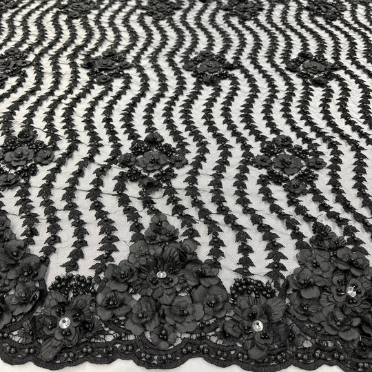 1 Yard Beaded 3D Floral Lace Fabric Embroidered 100 Percent Polyester Net Mesh 48 inch Width