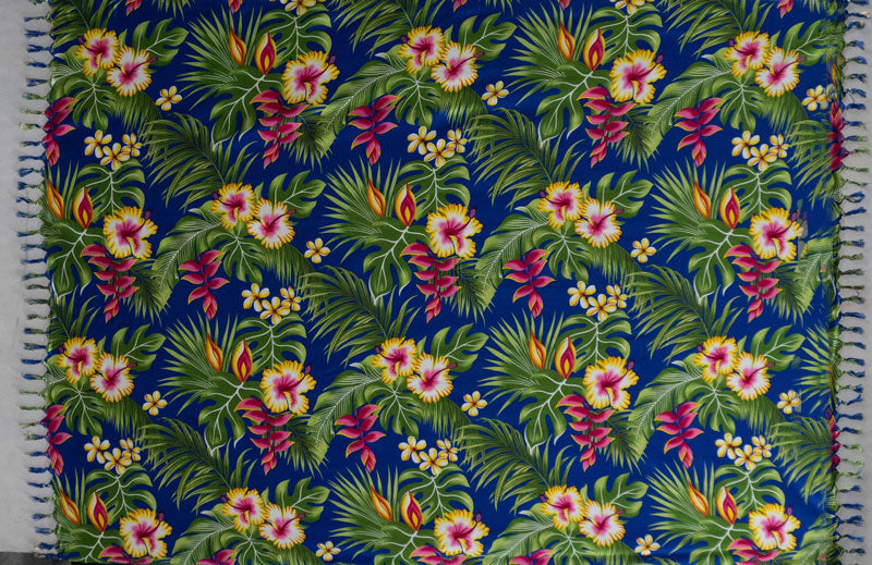 Hibiscus Plumeria Tropical Leaves Rayon Fabric - Tropical Floral Print, 72" L x 45" W (1 Piece)