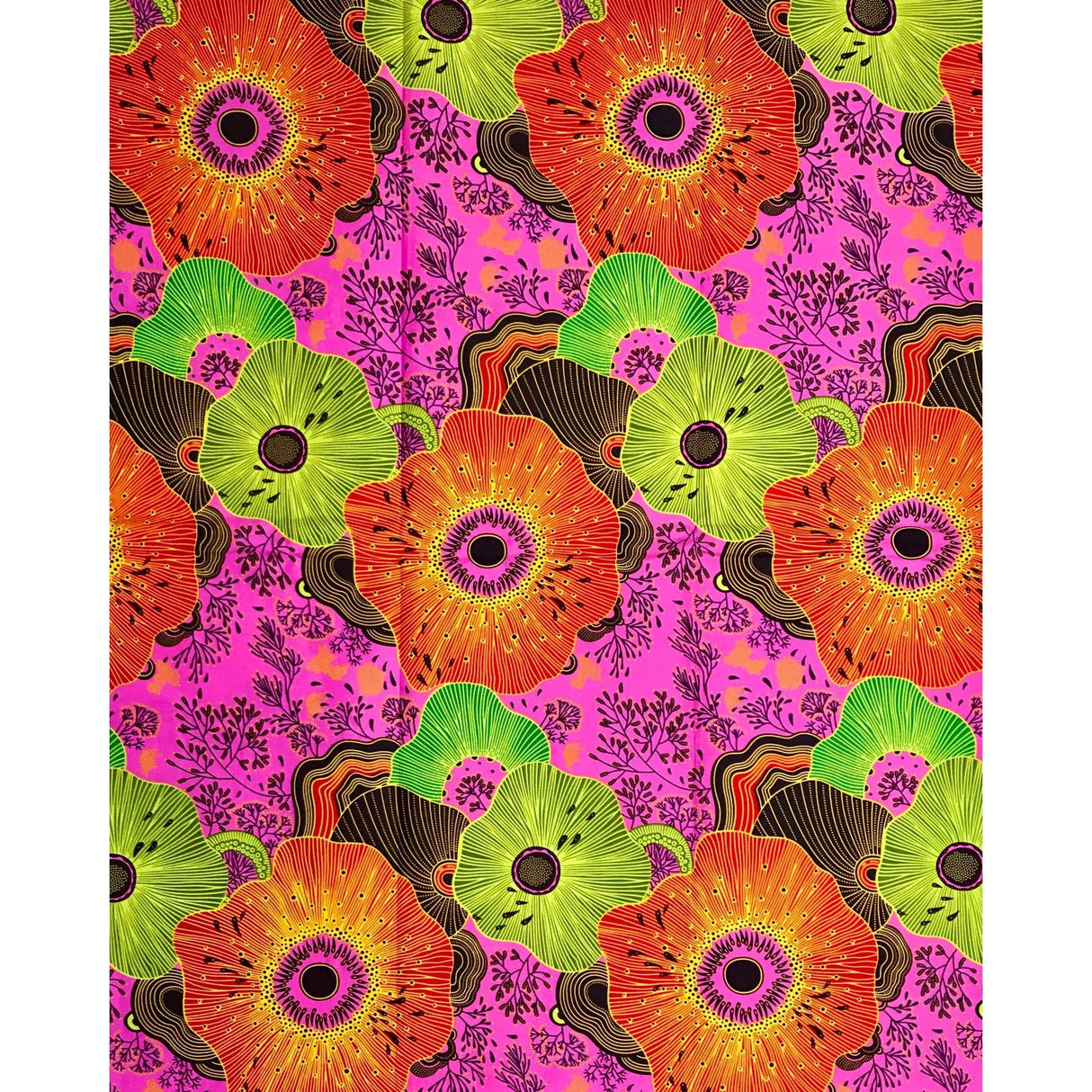 African Print Fabric Ankara Polyester Fabric - Pink, Red, Yellow Floral Fiyah, 45" Width (Per Yard)