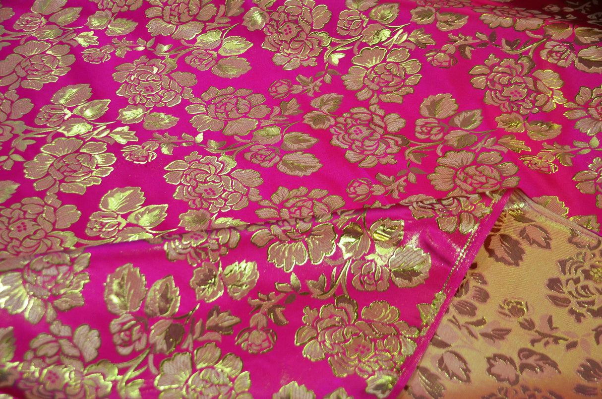 Oriental Metallic Big Flower Brocade Metallic Brocade Fabric - Fuchsia, Red, Flag Green, Royal, Purple, Floral Pattern, 58" Width (1 Yard)