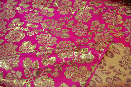 Oriental Metallic Big Flower Brocade Metallic Brocade Fabric - Fuchsia, Red, Flag Green, Royal, Purple, Floral Pattern, 58" Width (1 Yard)