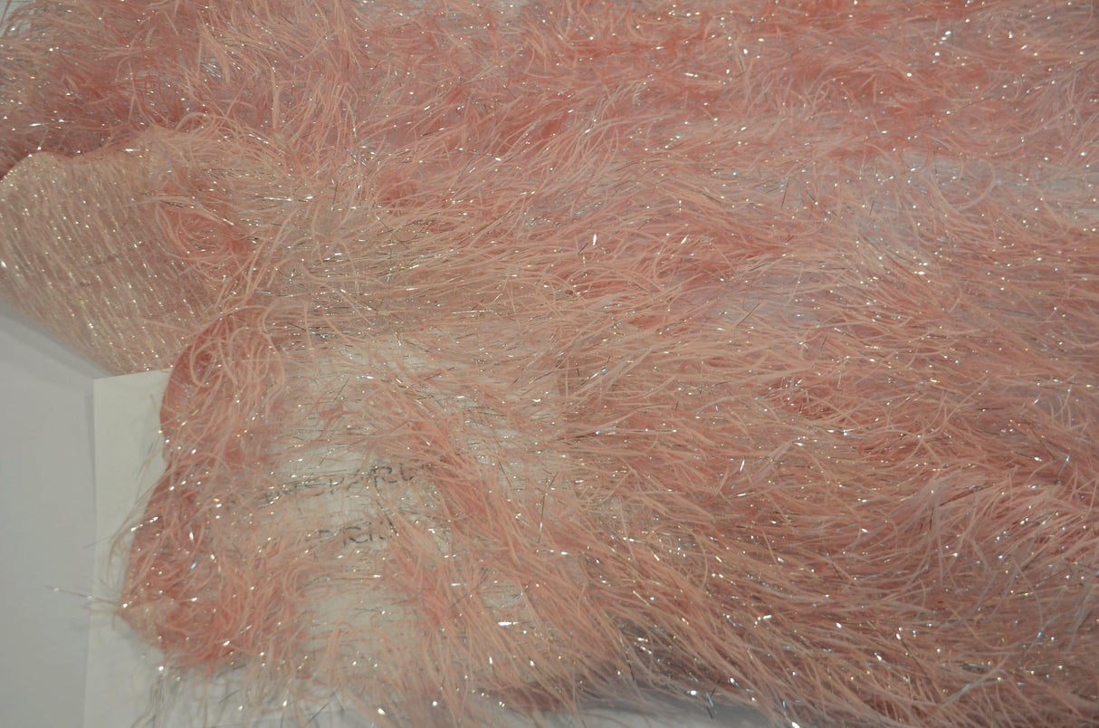 Blush Pink Shaggy Brocade Polyester Fabric - Metallic Eyelash, 56/57" Width (Yards)