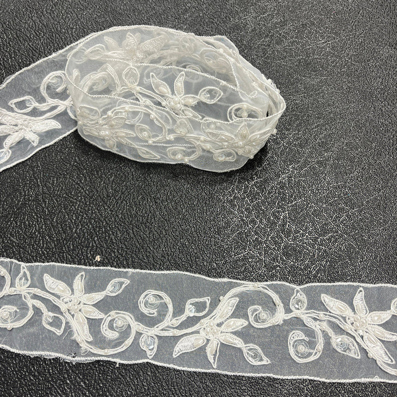 1 Yard Beaded & Corded Lace Trimming Embroidered on 100% Polyester Net Mesh 2" Wide