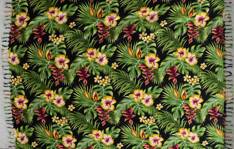 Hibiscus Plumeria Tropical Leaves Rayon Fabric - Tropical Floral Print, 72" L x 45" W (1 Piece)