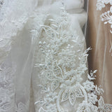 1 Yard Beaded and Corded Bridal Lace Fabric Embroidered on Polyester Net Mesh White and Ivory