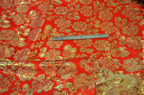 Oriental Metallic Big Flower Brocade Metallic Brocade Fabric - Fuchsia, Red, Flag Green, Royal, Purple, Floral Pattern, 58" Width (1 Yard)