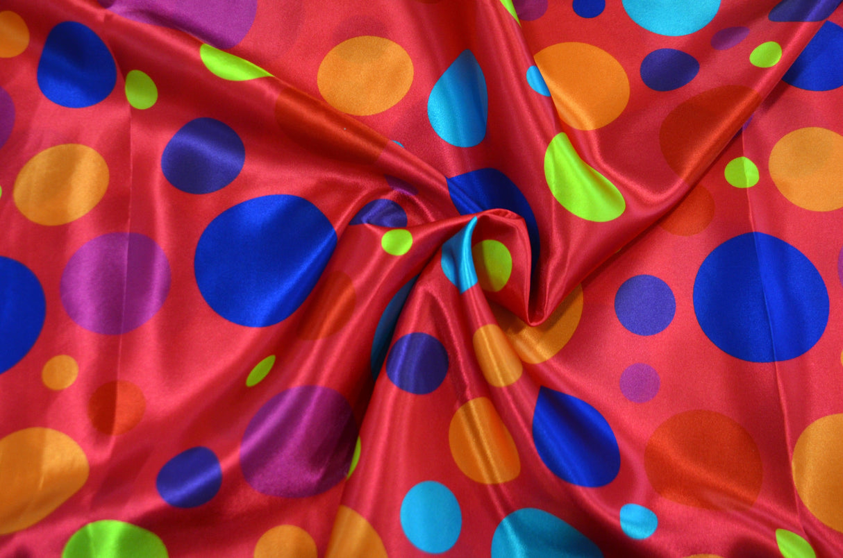 Multi Color Polka Dot Charmeuse Satin Fabric - Ivory Multi Dot, Pink Multi Dot, Red Multi Dot, Teal Multi Dot, Black Multi Dot, 58/60" Width (1 Yard)