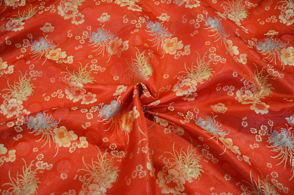 Chinese Flower Brocade Polyester Fabric - Oriental Floral Brocade, 45" Width (1 Yard)