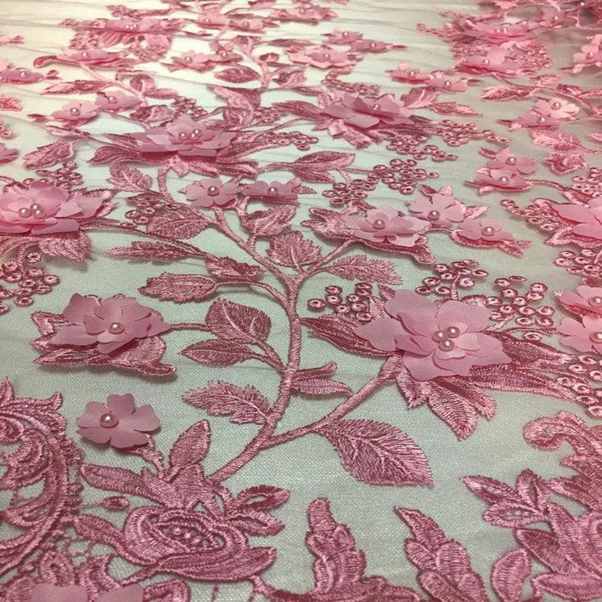 3D Embroidered Satin Floral Pearl Lace Fabric - 100 Percent Polyester Fabric, Floral Pearl Embroidery, 52" Width, 12" Panel (1 Yard)
