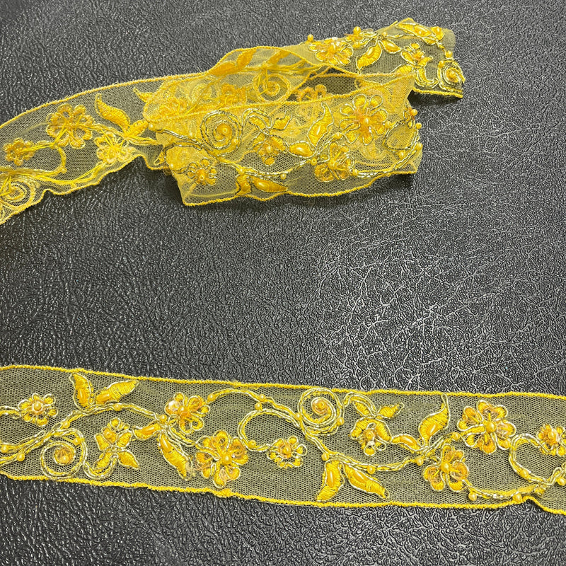 Beaded & Corded Lace Trimming Embroidered On 100 Percent Polyester Net Mesh Fabric - Yellow, Emerald, 2" Width (1 Yard)