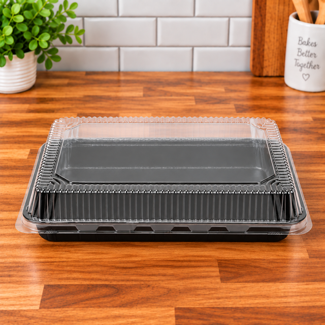 Bake, Take, and Show 9" x 13" Quarter Sheet Size Black Oven-Safe Cookie, cakes, pies Takeout Tray with Clear Lid