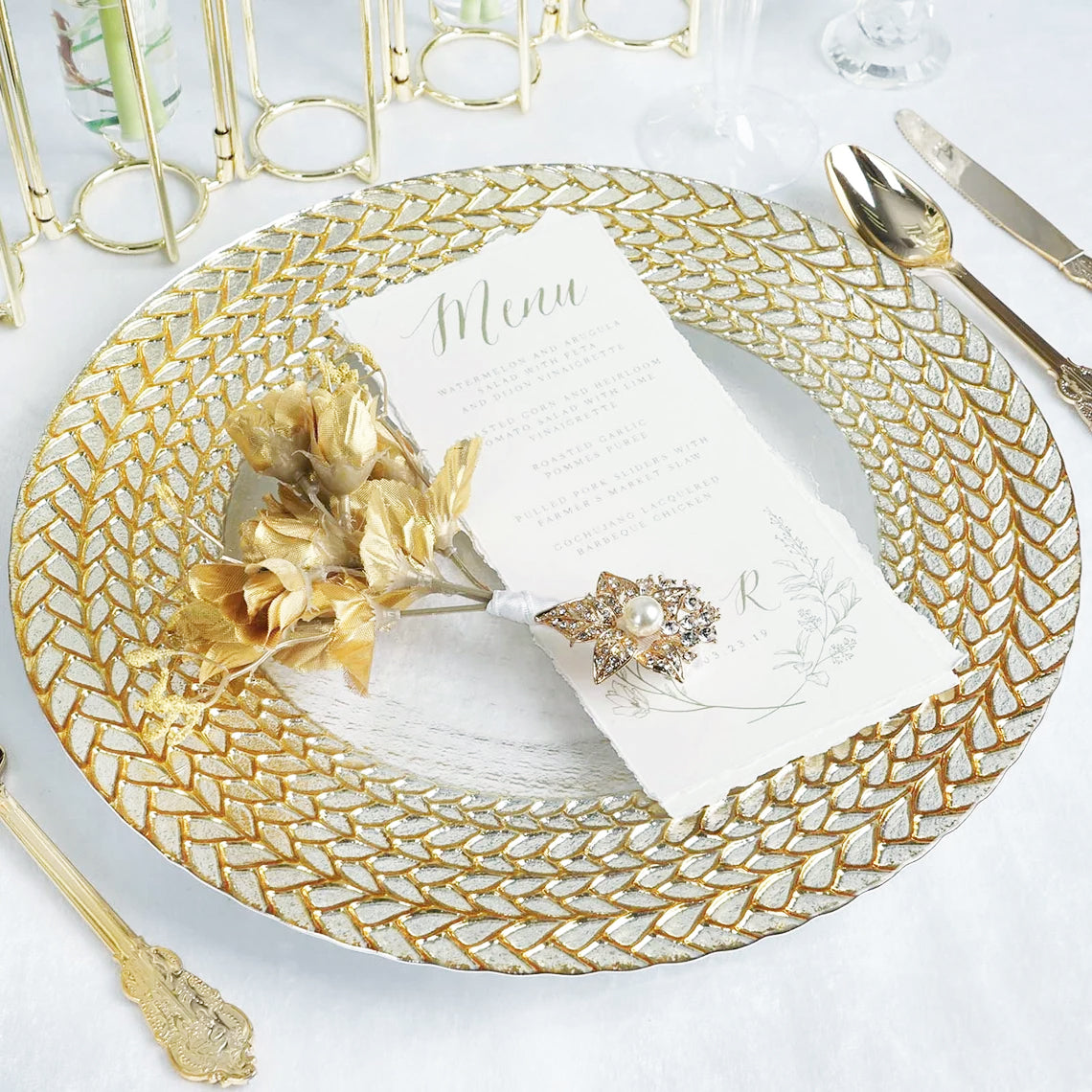 Glass Charger Plate 13 Inch Clear Gold Braided Rim