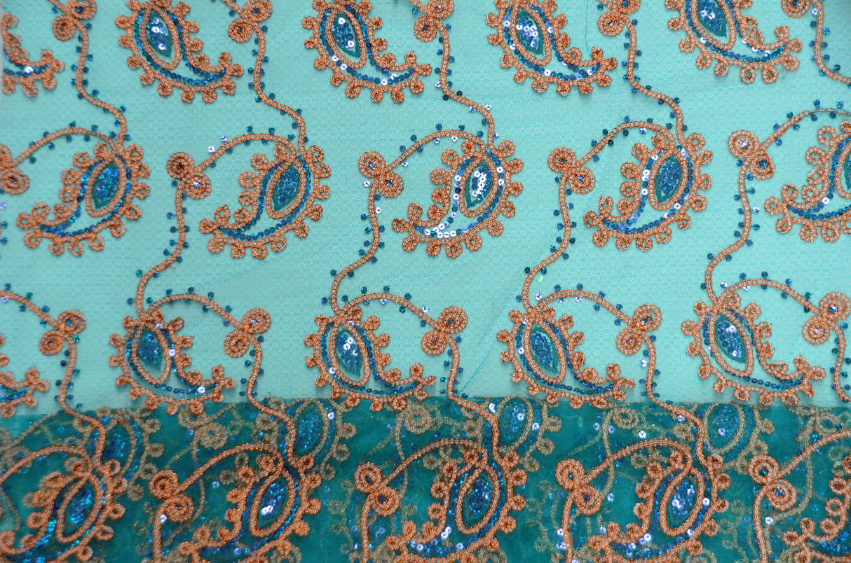 Coco Paisley Polyester Fabric - Sheer Embroidered Paisley, Double Scallop Lace, 52" Width (1 Yard)