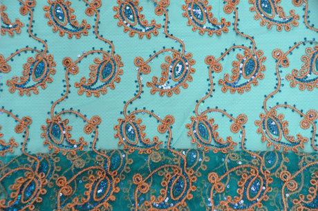 Coco Paisley Polyester Fabric - Sheer Embroidered Paisley, Double Scallop Lace, 52" Width (1 Yard)