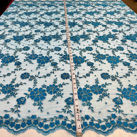 Embroidered Lace Mesh Turquoise Silver