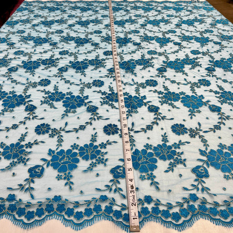 Embroidered Lace Fabric - 100 Percent Polyester Net Mesh, Floral Beaded Design, 52" Width (1 Yard)