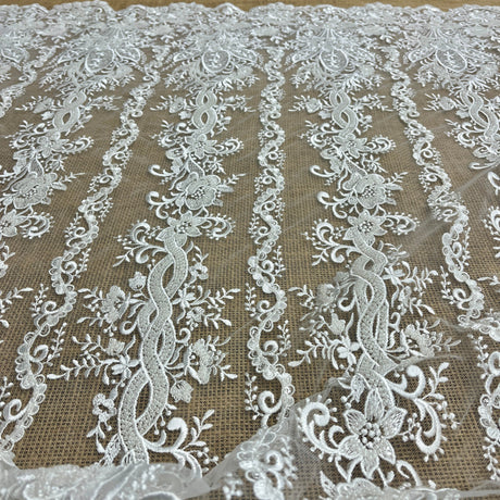 Beaded Lace Fabric Embroidered On 100 Percent Polyester Net Mesh - Ivory, Floral Sequin Embroidery, 51" Wide (1 Yard)