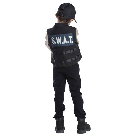 Kids SWAT team costume with black jacket and cap for role play
