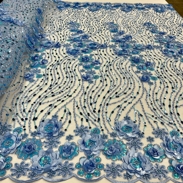 Beaded 3D Floral Lace Fabric