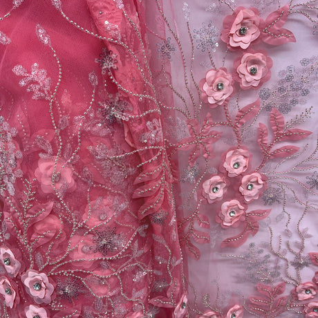 1 Yard Beaded 3D Floral Lace Fabric on 100% Polyester Net Mesh, Elegant Embroidered Textile