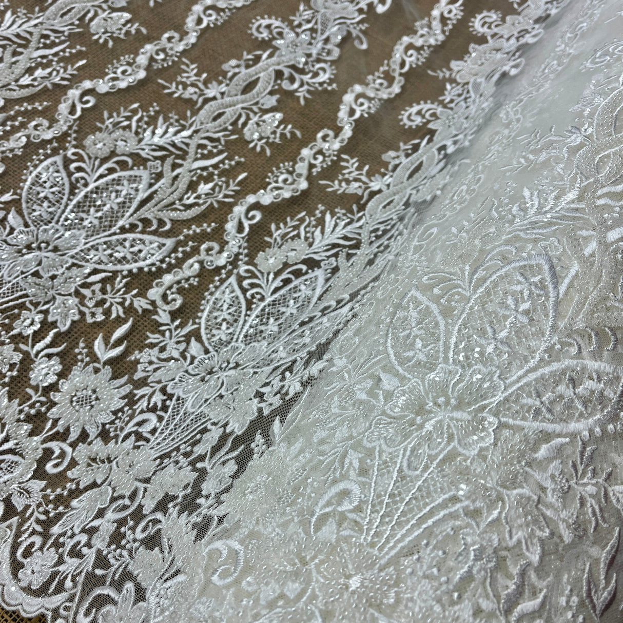 Beaded Lace Fabric Ivory Mesh