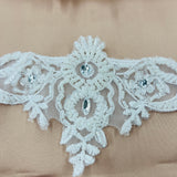 Beaded Lace Applique Embroidered On 100 Percent Polyester Net Mesh Fabric - White, Ivory, 16" X 3.5" (1 Piece)