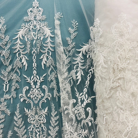 1 Yard 51 Inch Beaded Lace Fabric Embroidered on 100% Polyester Net Mesh