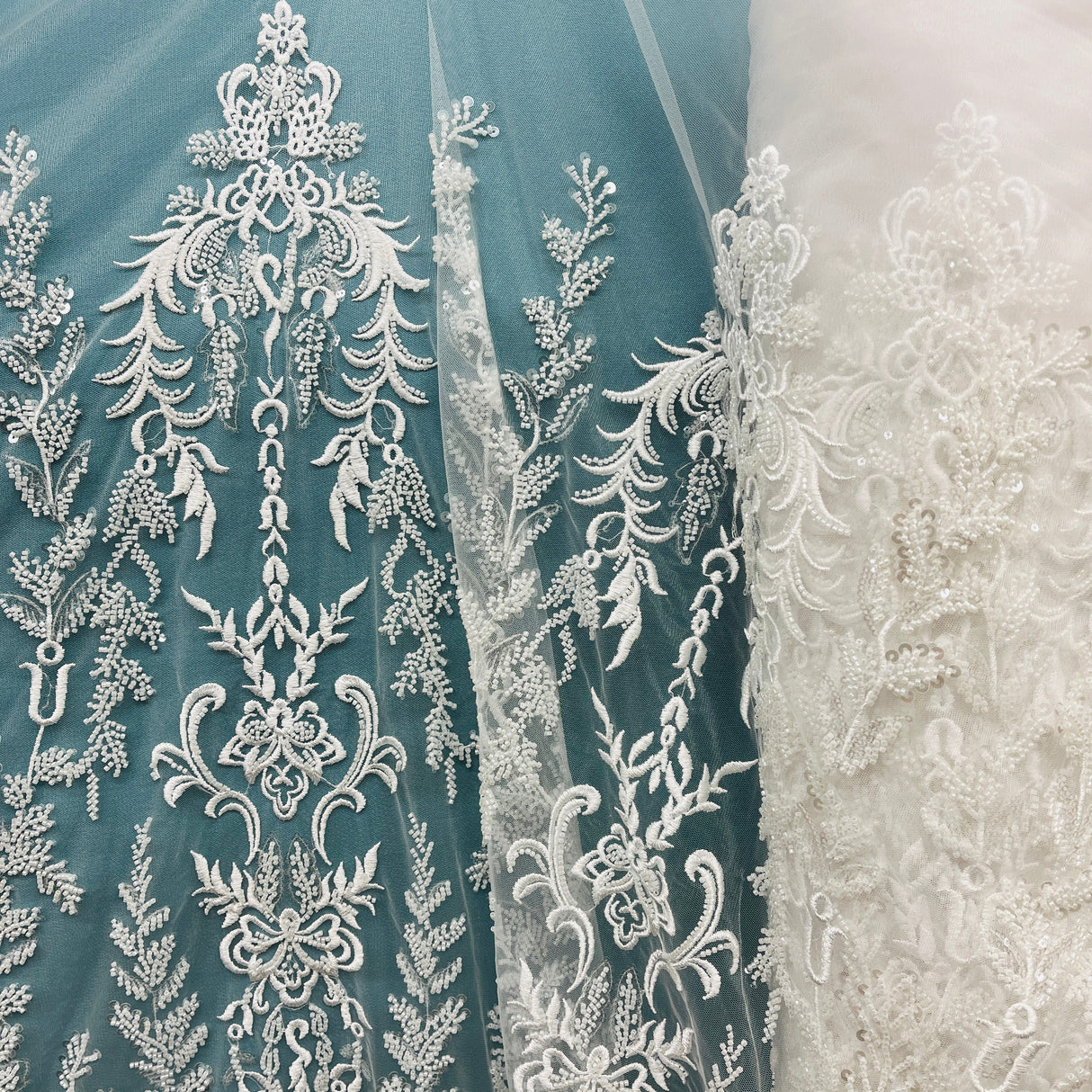 Beaded Lace Fabric on Polyester Net Mesh