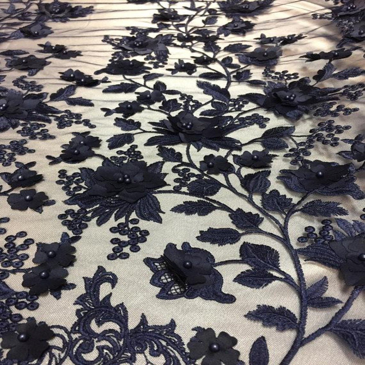 3D Embroidered Satin Floral Pearl Lace Fabric - 100 Percent Polyester Fabric, Floral Pearl Embroidery, 52" Width, 12" Panel (1 Yard)