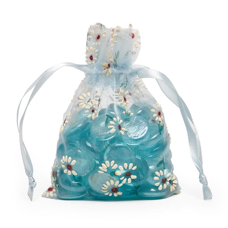 Printed Patterns On Flat Organza Bags 3 1/2 '' x 5 '' Daisies on Blue Color 30 EACH / PACKAGE