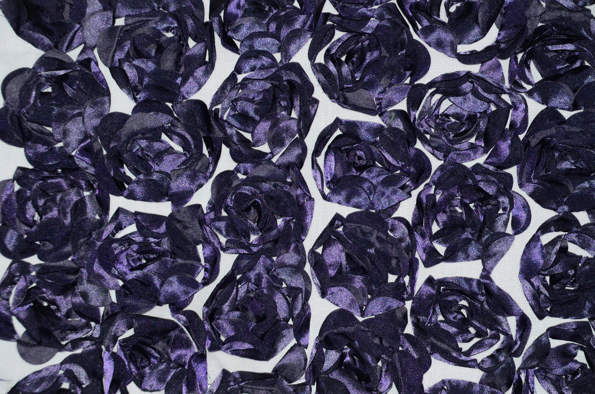 Rosette Satin Bordeaux Polyester Fabric - 3D Floral Satin Embroidered On A Mesh, Bordeaux, 52" Width (1 Yard)