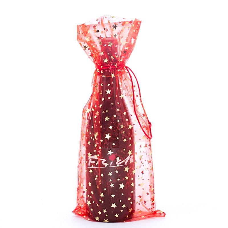 Star Print Organza Wine Bags 6 1/2 '' x 15 '' Red Color 12 EACH / PACKAGE
