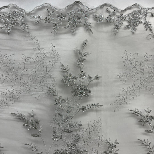 1 Yard Elegant Beaded Floral Lace Fabric Embroidered on 100% Polyester Net Mesh – Silver – 51"