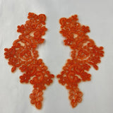 1 Pair 9" x 3" Each Side Beaded & Corded Floral Lace Applique Organza